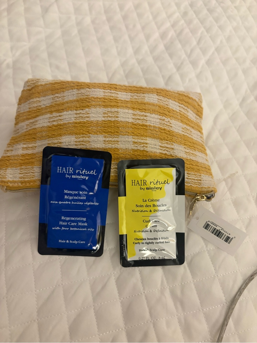 Sisley Yellow & White Striped Cosmetic Pouch with Hair Rituel Sachets